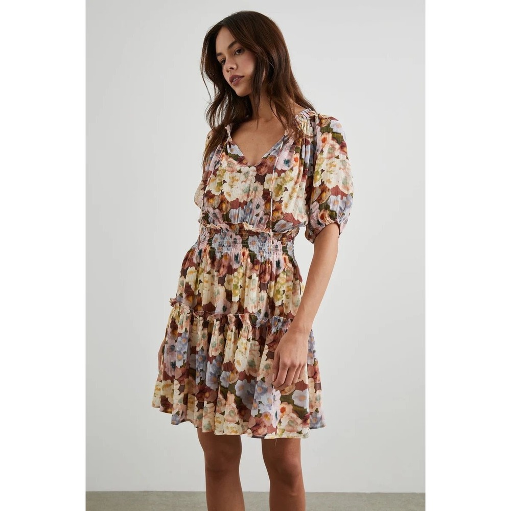Rails Fiorella Painted Floral Mini Dress Smocked Waist V-Neck Pleated Small